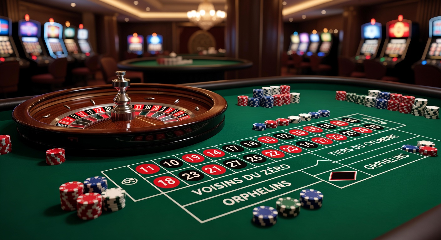 Roulette-Tisch mit markierten Sektoren für Voisins du Zéro, Tiers und Orphelins, die klassischen Ankündigungswetten im europäischen Roulette