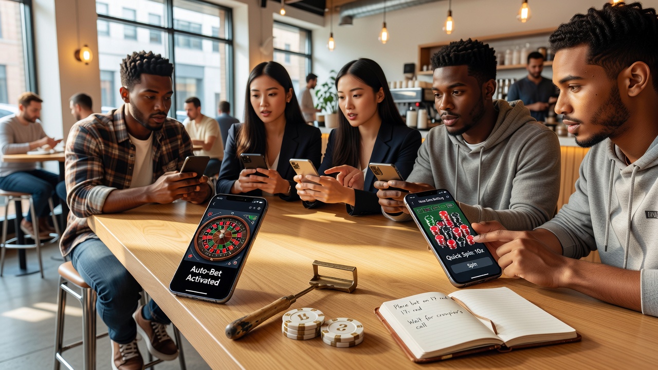 Junge Spieler nutzen automatisierte Features in einer mobilen Roulette-App während einer Gruppensitzung