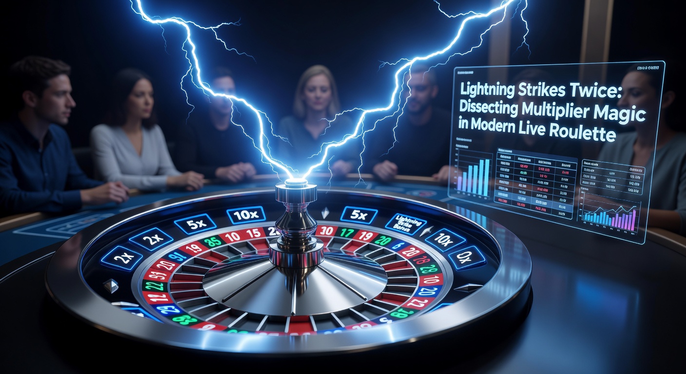 Dramatische Darstellung eines Lightning-Roulette-Tisches mit leuchtenden Multiplikatoren und einem Dealer in Aktion