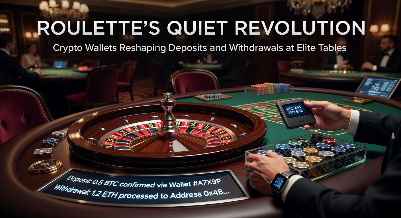 Moderne Crypto-Wallet auf einem Smartphone neben einem virtuellen Roulette-Tisch mit Bitcoin-Symbolen, die Ein- und Auszahlungen symbolisieren